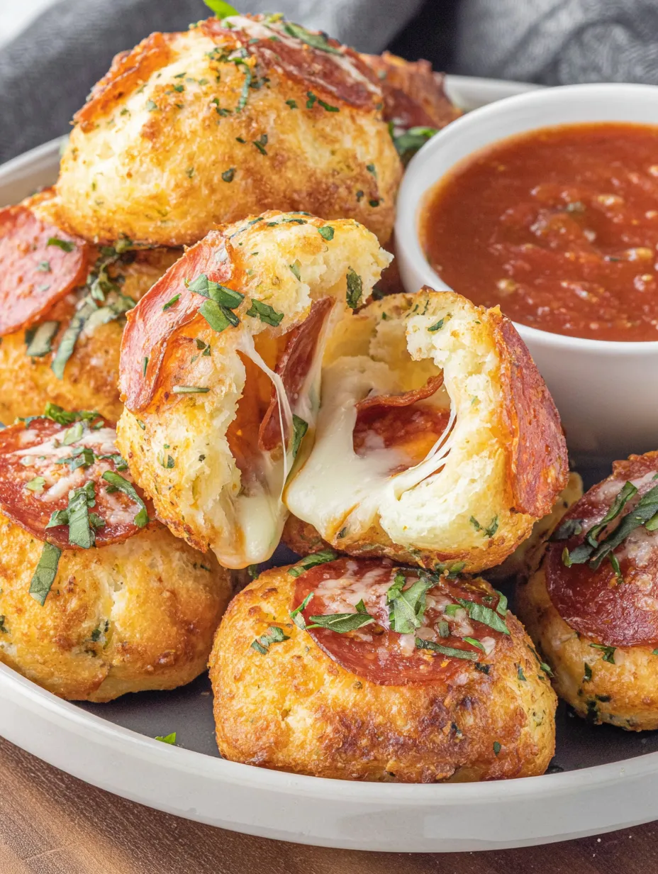 Plate piled high with pizza bombs and sauce for dipping.
