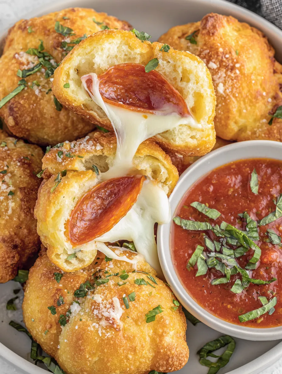 You see a plate stacked with pizza bombs next to a bowl of pizza sauce with a spoon.