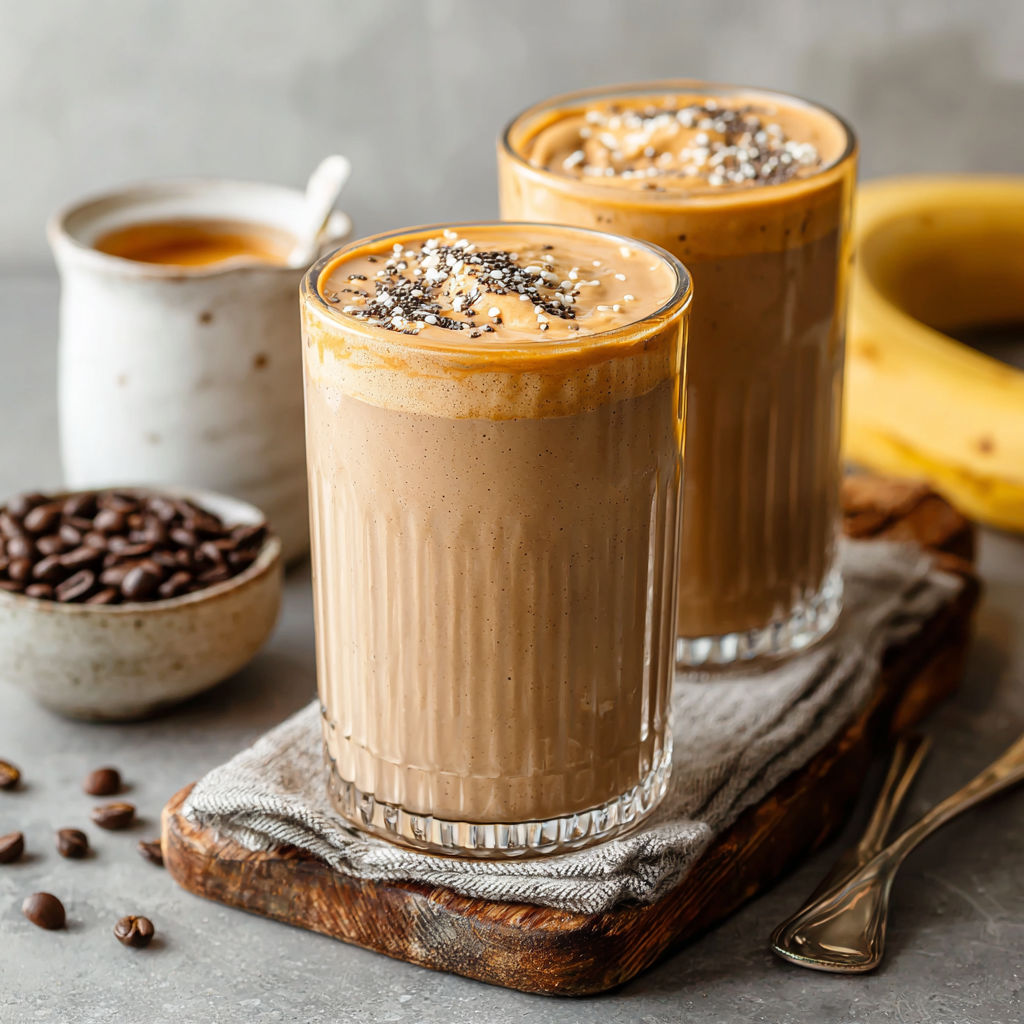 Two glasses of coffee smoothie with bananas.