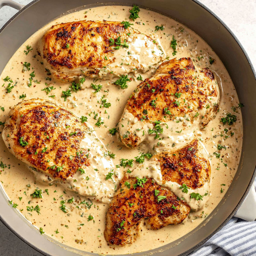 A pan of chicken covered in cream cheese sauce.