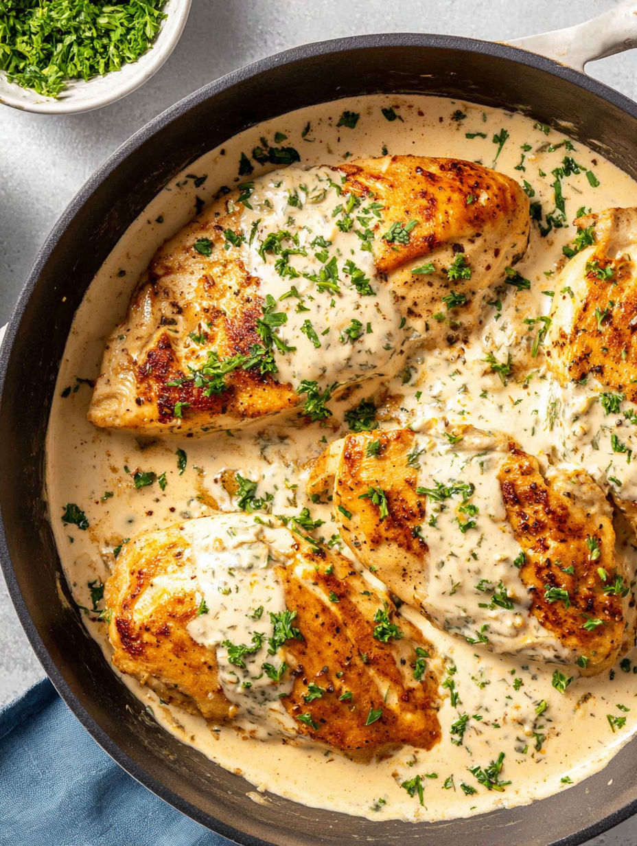 A pan of chicken with sauce.