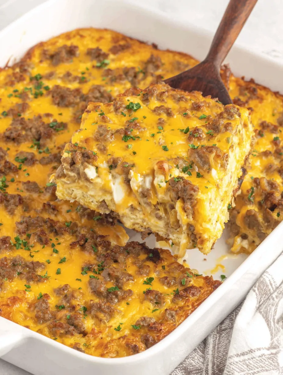 A cheesy and meaty casserole square on a plate.