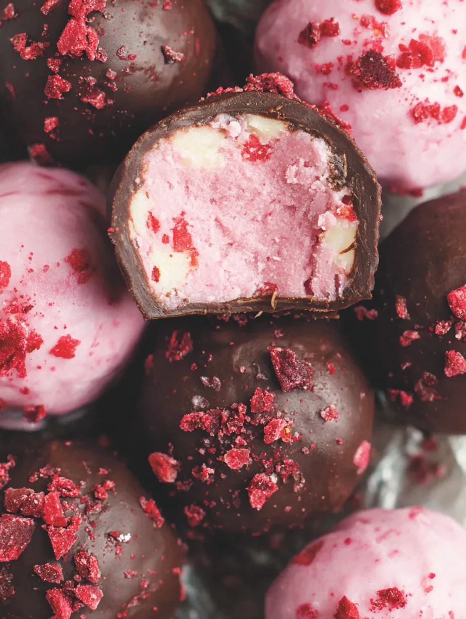 Rasberry truffles on a table.