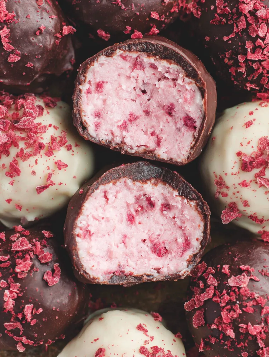Rasberry truffles on a table.