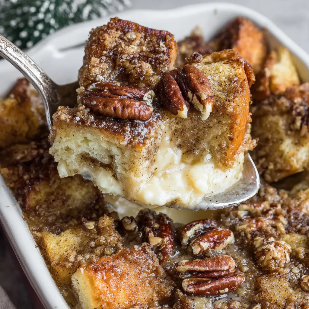 A spoon is in a plate of eggnog French toast casserole.