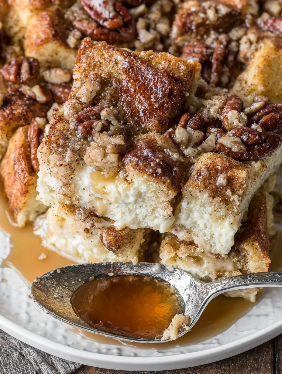 A close up of a delicious eggnog French toast casserole.