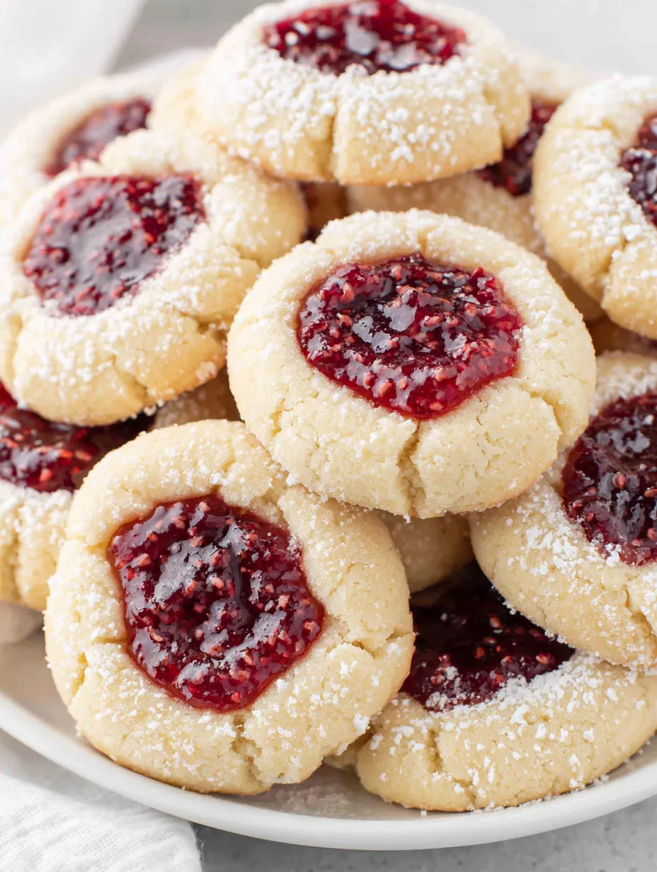 A plate of cookies with a raspberry jam filling.