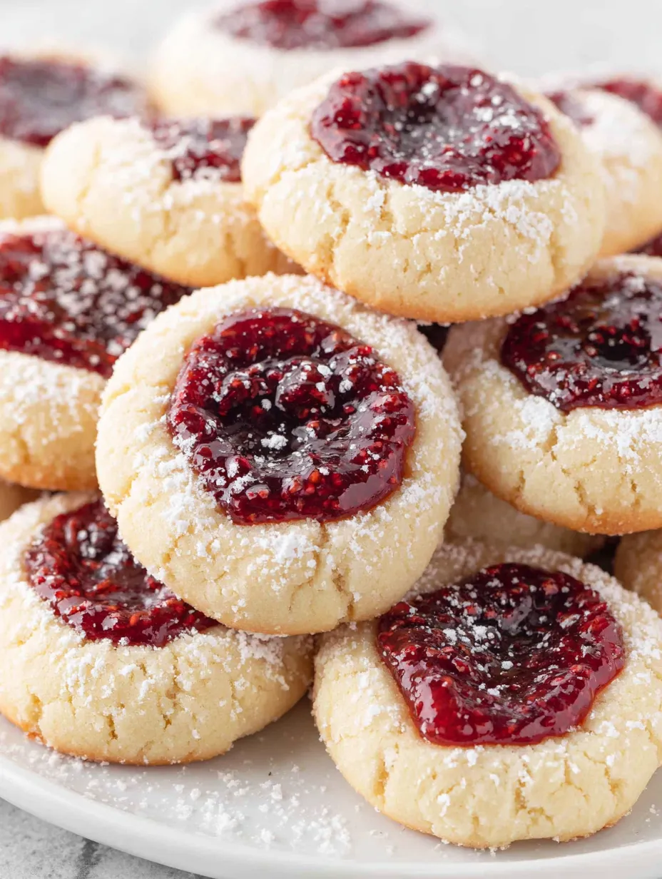 A stack of raspberry jam thumbprint cookies.