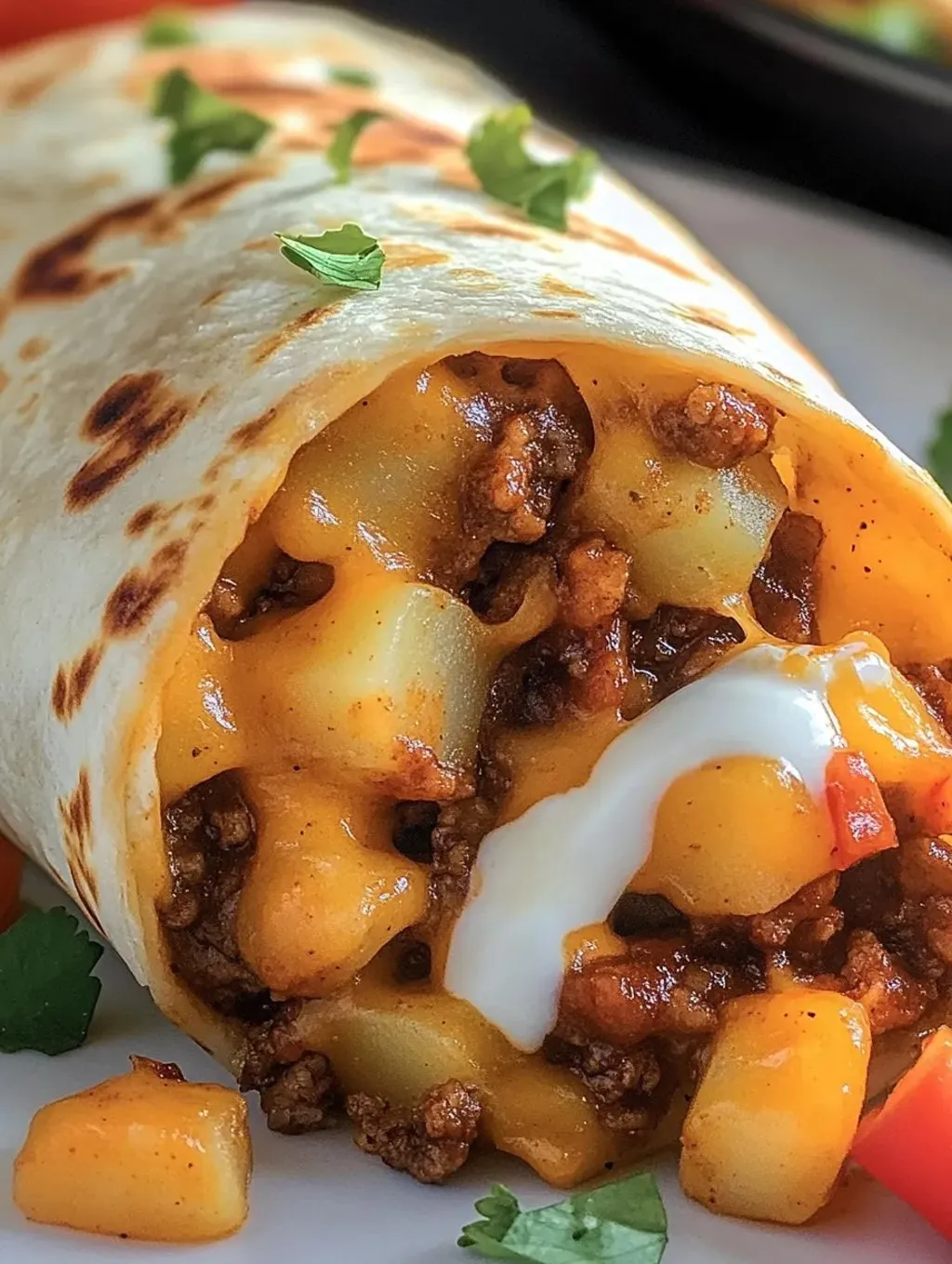 A potato burrito smothered with melty cheese and topped with sour cream.