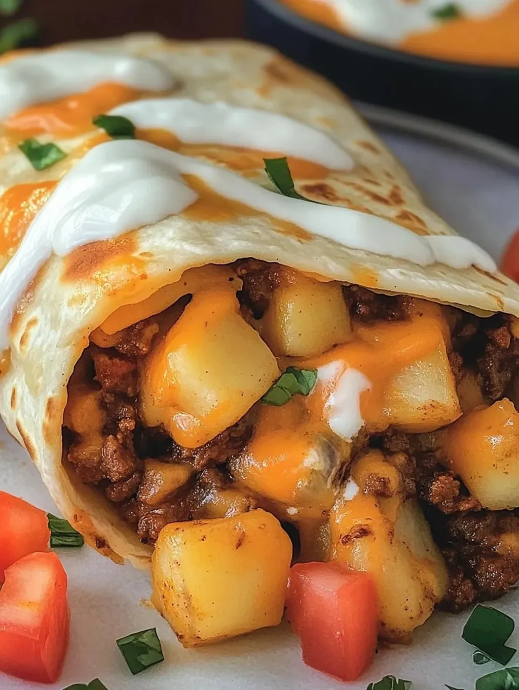 Cheesy potato burrito with white chipotle sauce.