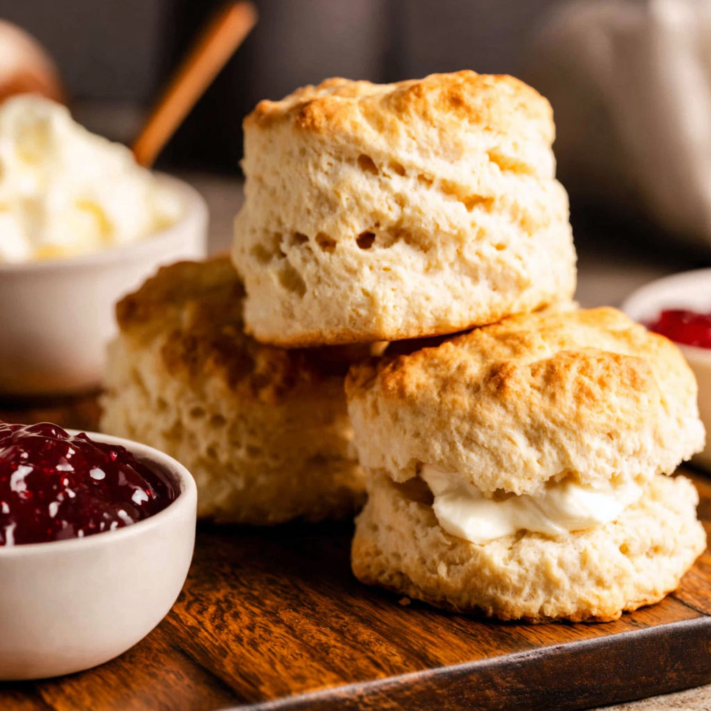 A stack of scones with jelly on a wooden tray.