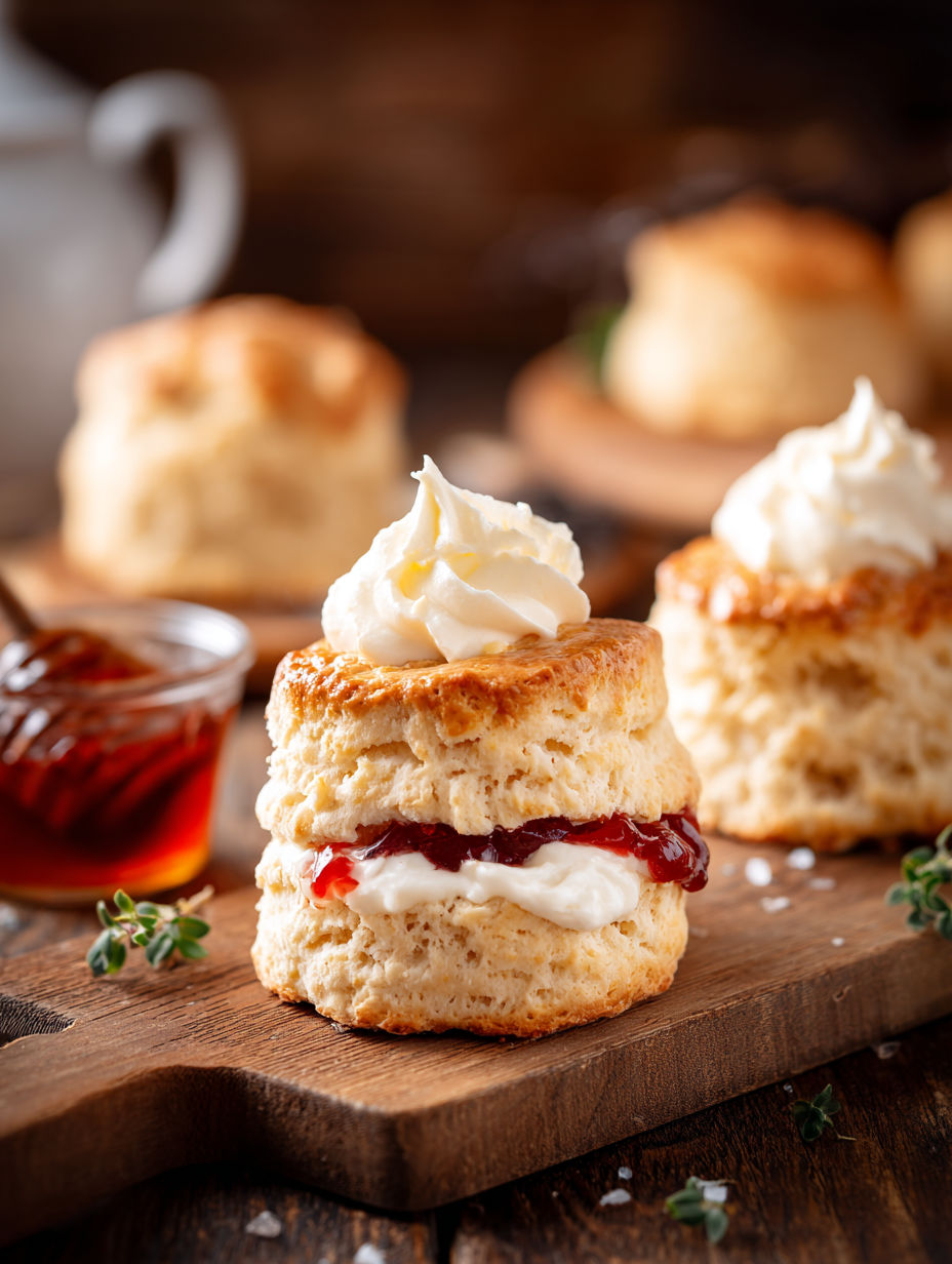 A scone topped with jam and cream.