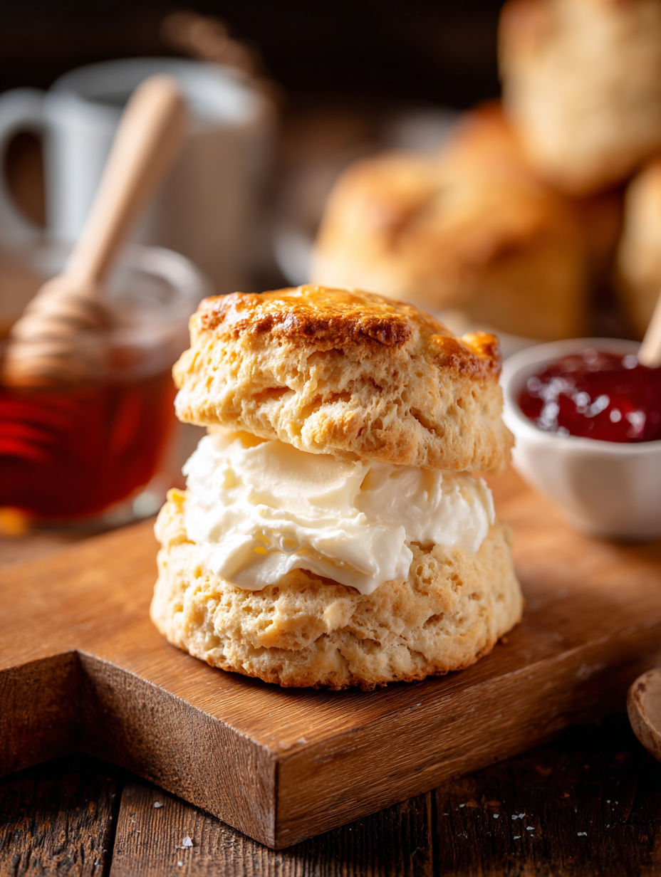 A scone topped with butter and jam.
