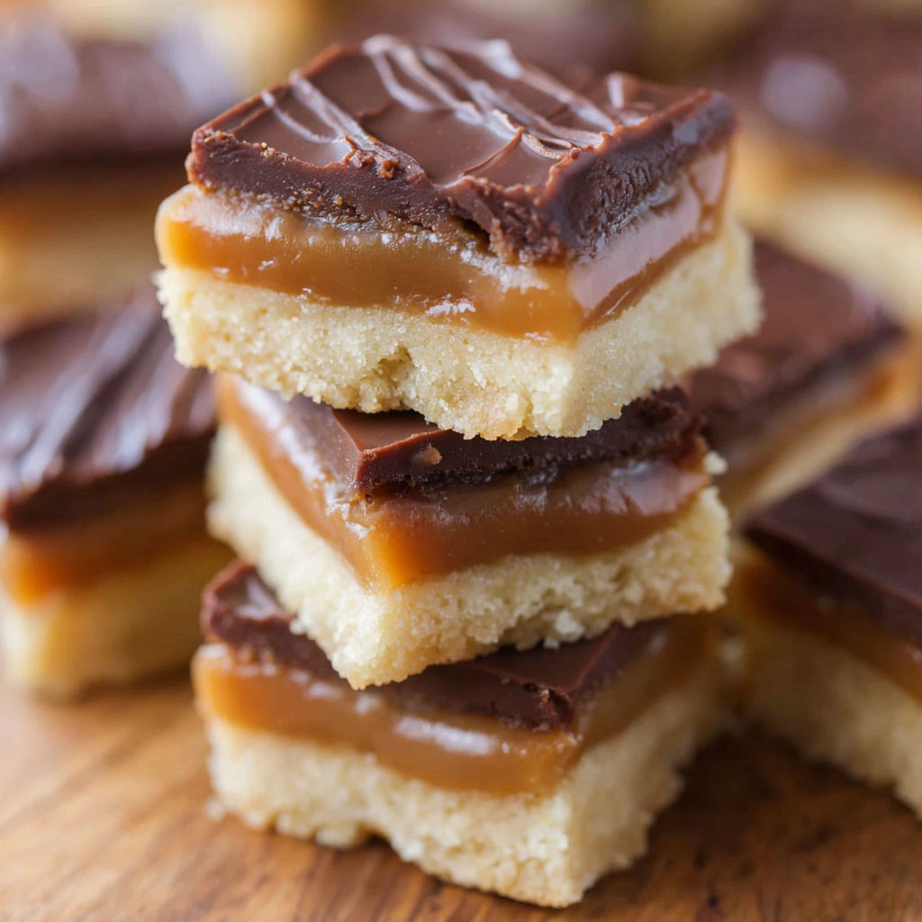Twix Cookie Bars stacked on a table.