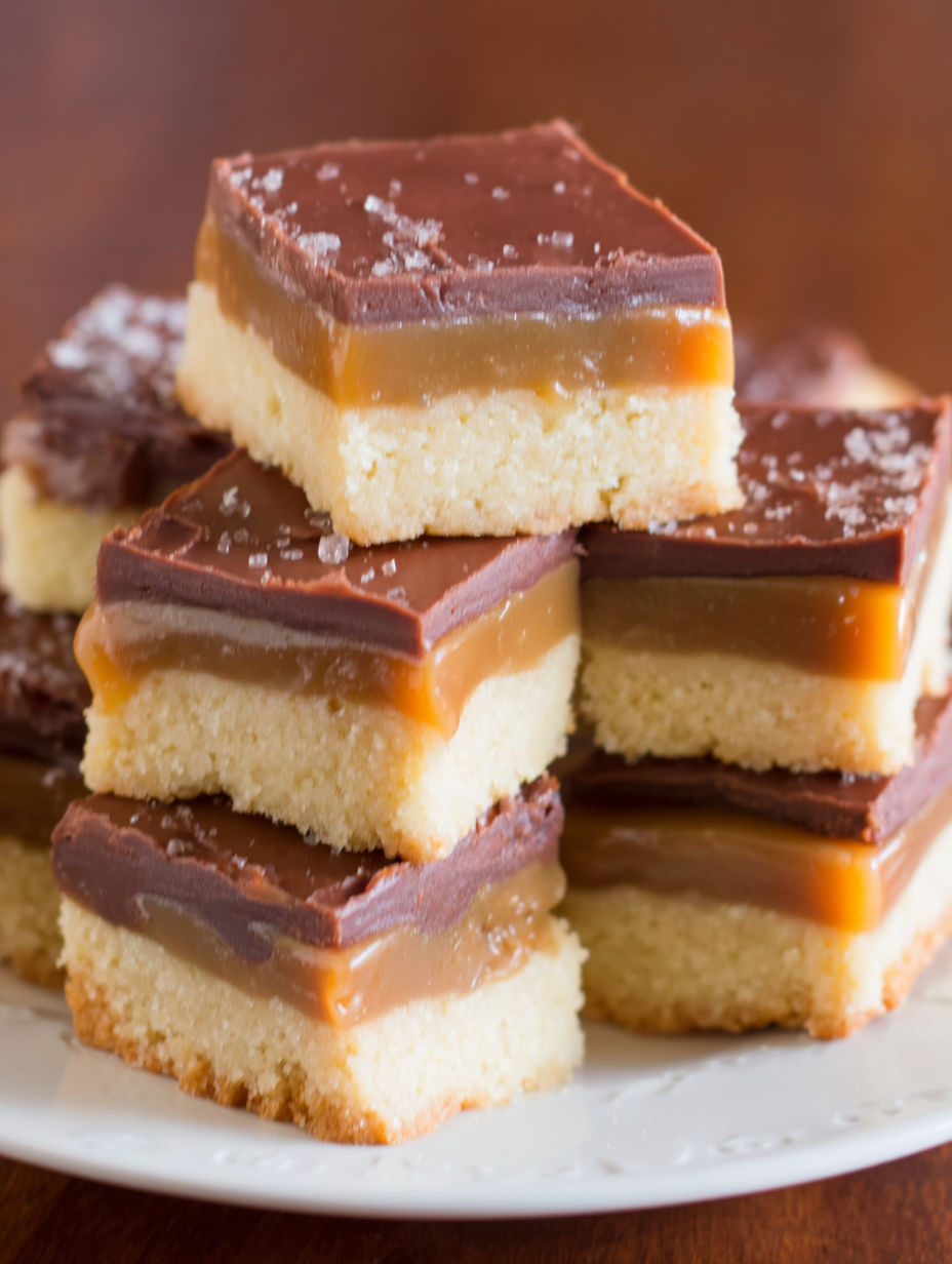 A stack of chocolate cake bars with a dusting of powdered sugar.