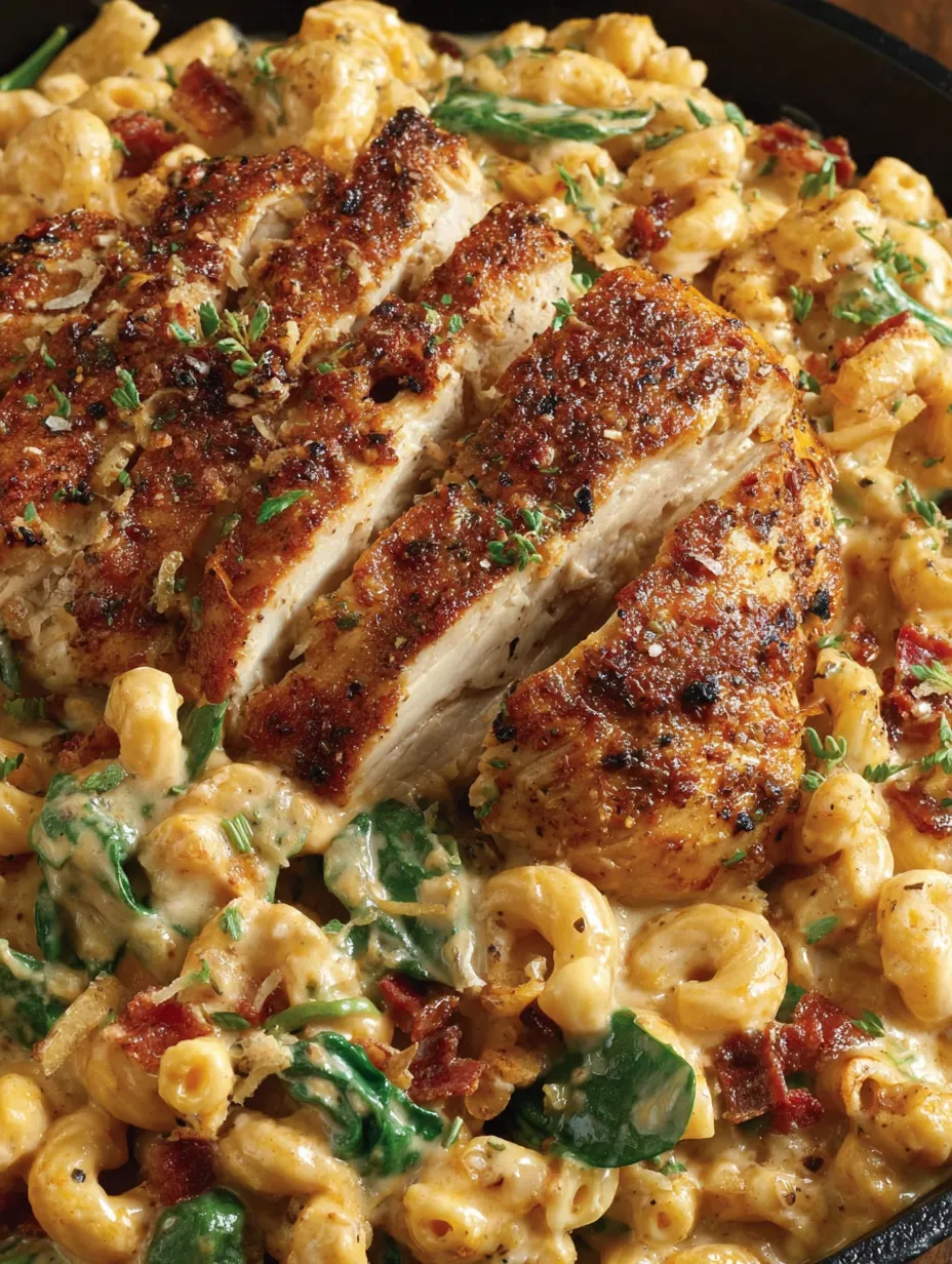 Closeup shot of juicy chicken tucked in cheesy pasta.
