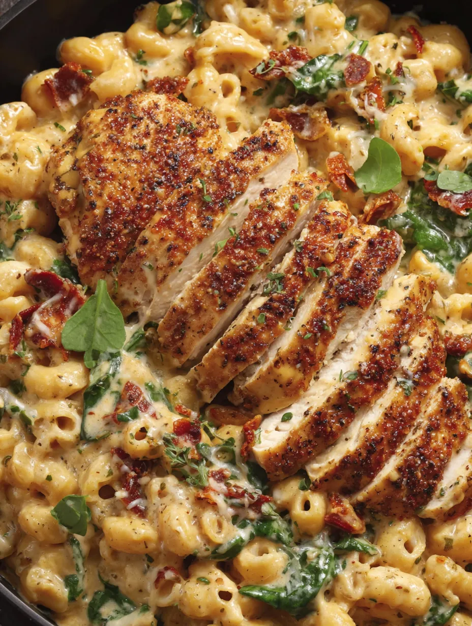 A skillet piled with cheesy chicken pasta and spinach.