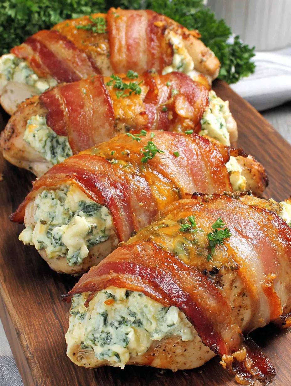 Chicken stuffed with creamy cheese and wrapped in crisp bacon.