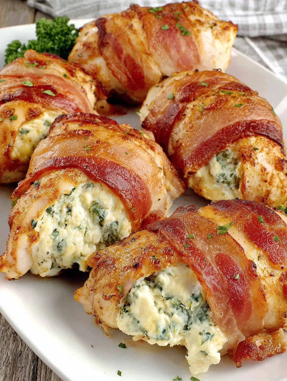 Chicken stuffed with creamy cheese and wrapped in crisp bacon.