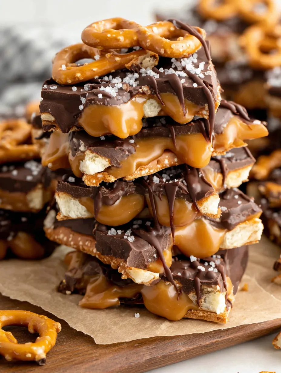 Stack of salted caramel pretzel bark.