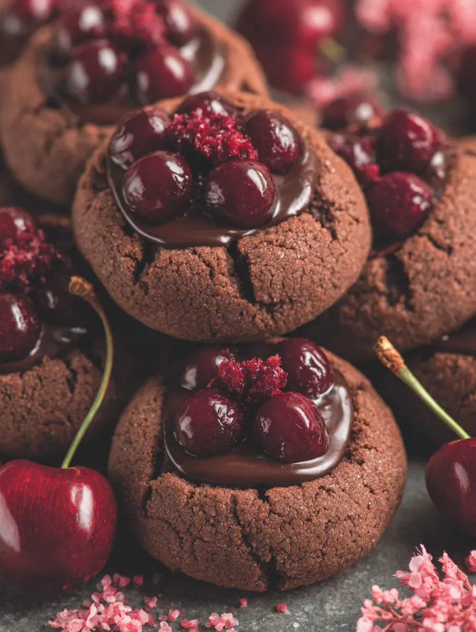 A close up of a chocolate cherry cookie.