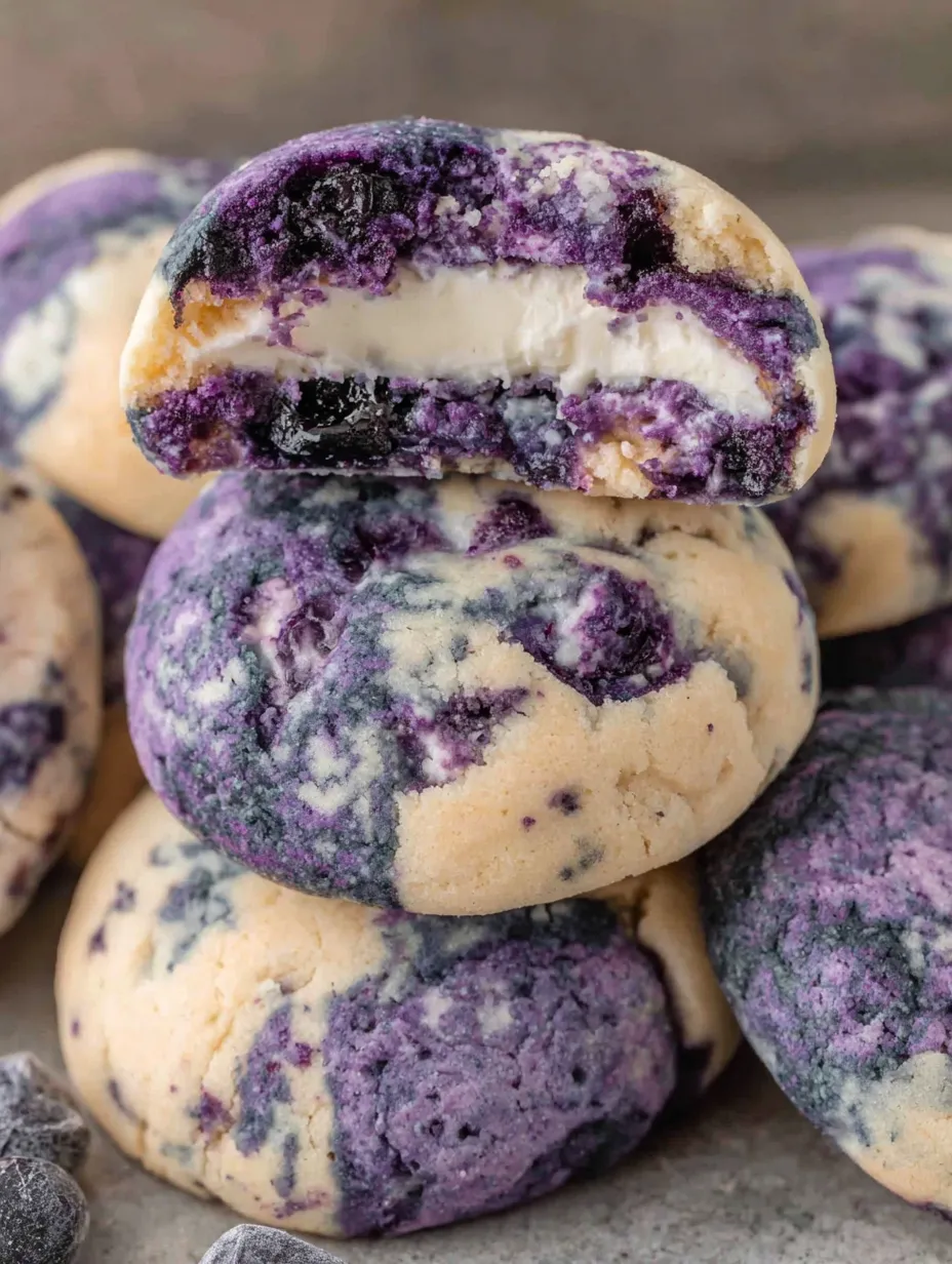 A stack of purple cookies with blueberry and lemon flavors.