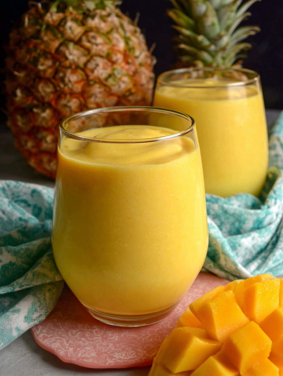 Two glasses of mango smoothie on a table.