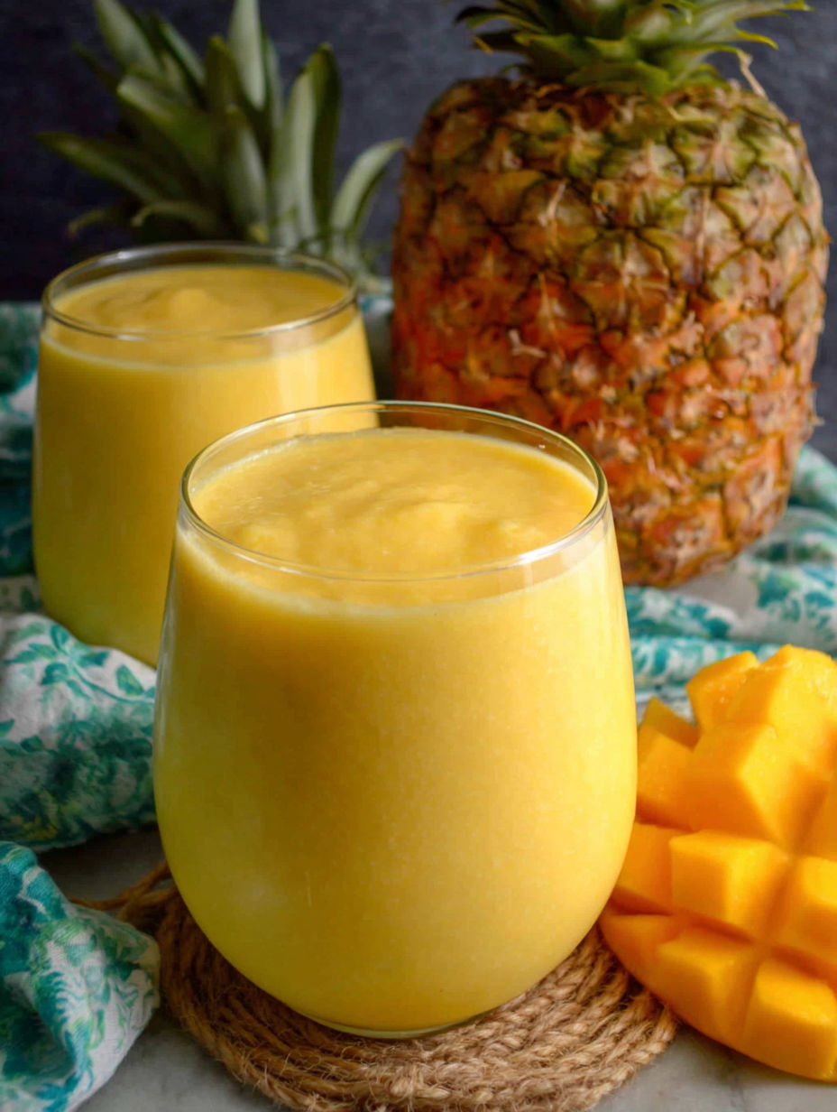 Two glasses of mango smoothie with a pineapple on the side.