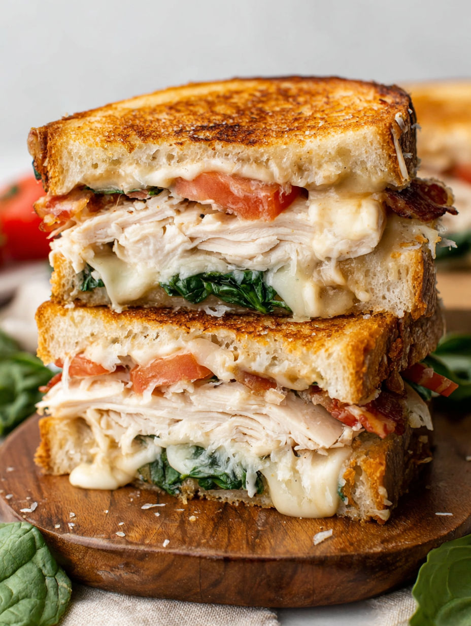 A stack of three sandwiches with turkey, spinach, and bacon.
