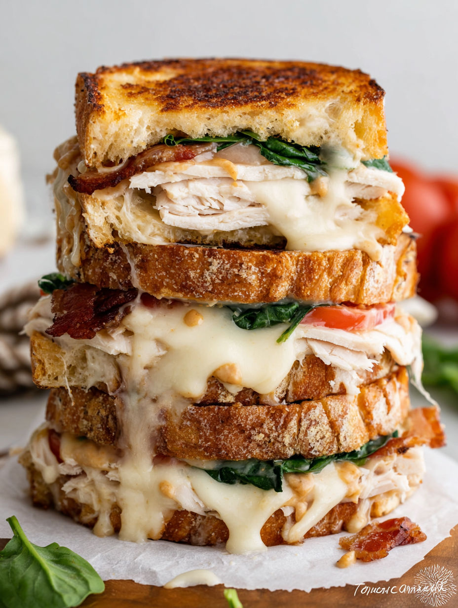 A stack of sandwiches with turkey, spinach, and bacon.