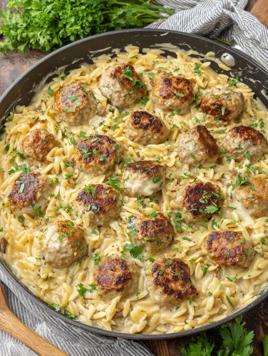 A pan of meatballs and noodles.