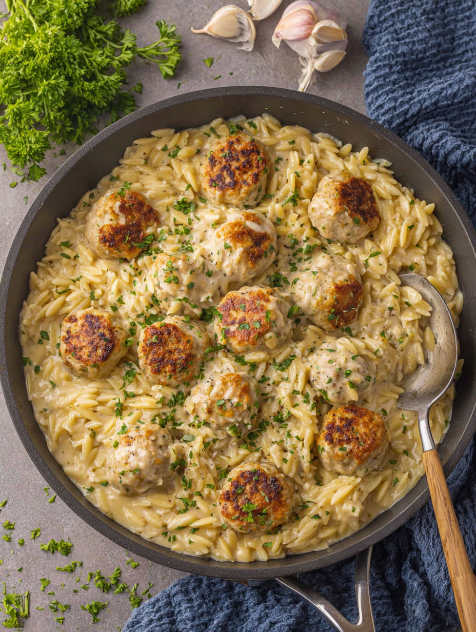 A pan of chicken meatballs with orzo.