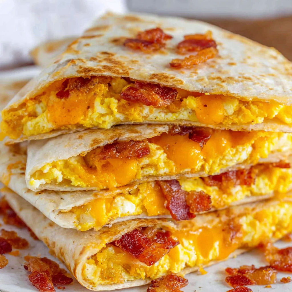 Bacon, egg, and cheese quesadillas stacked on top of each other.