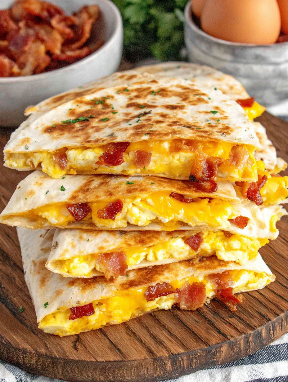A stack of bacon and egg burritos.