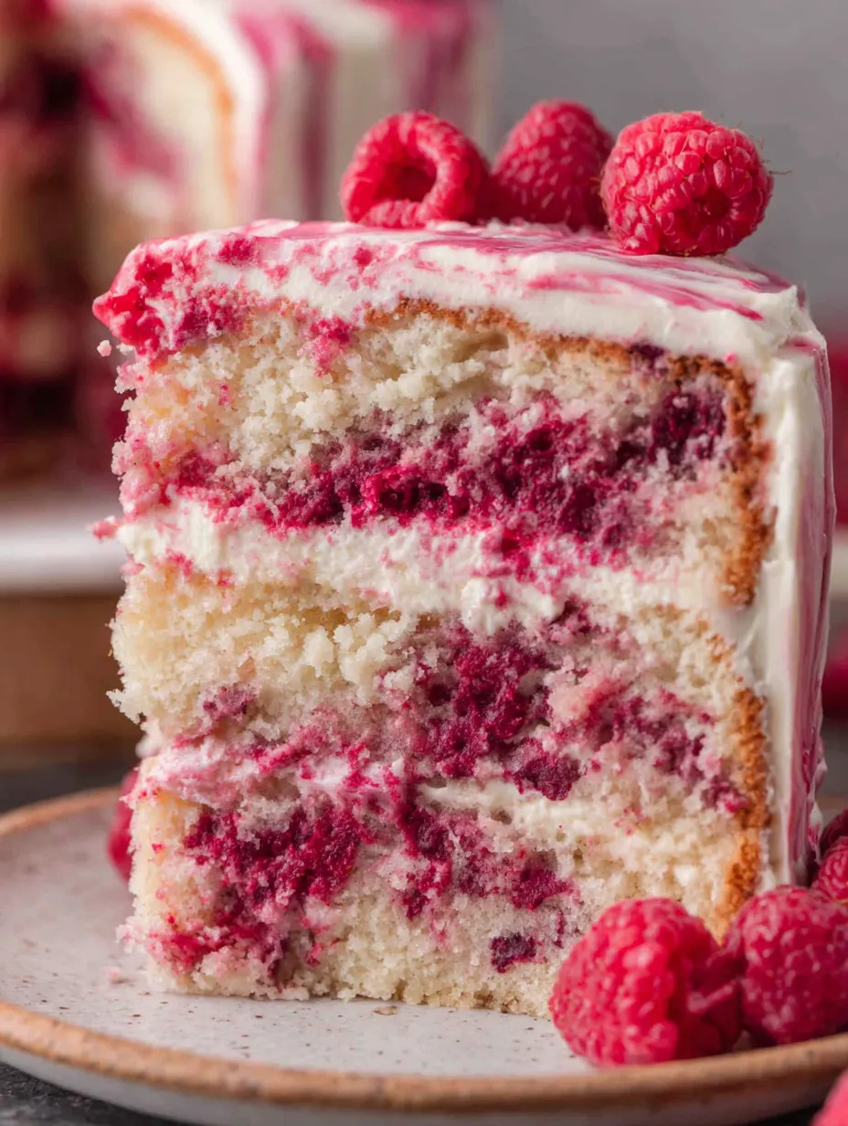 A slice of white chocolate raspberry cake.