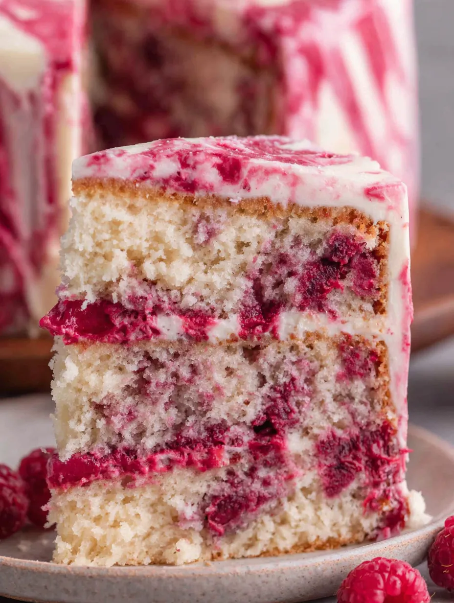 A slice of white chocolate raspberry cake.