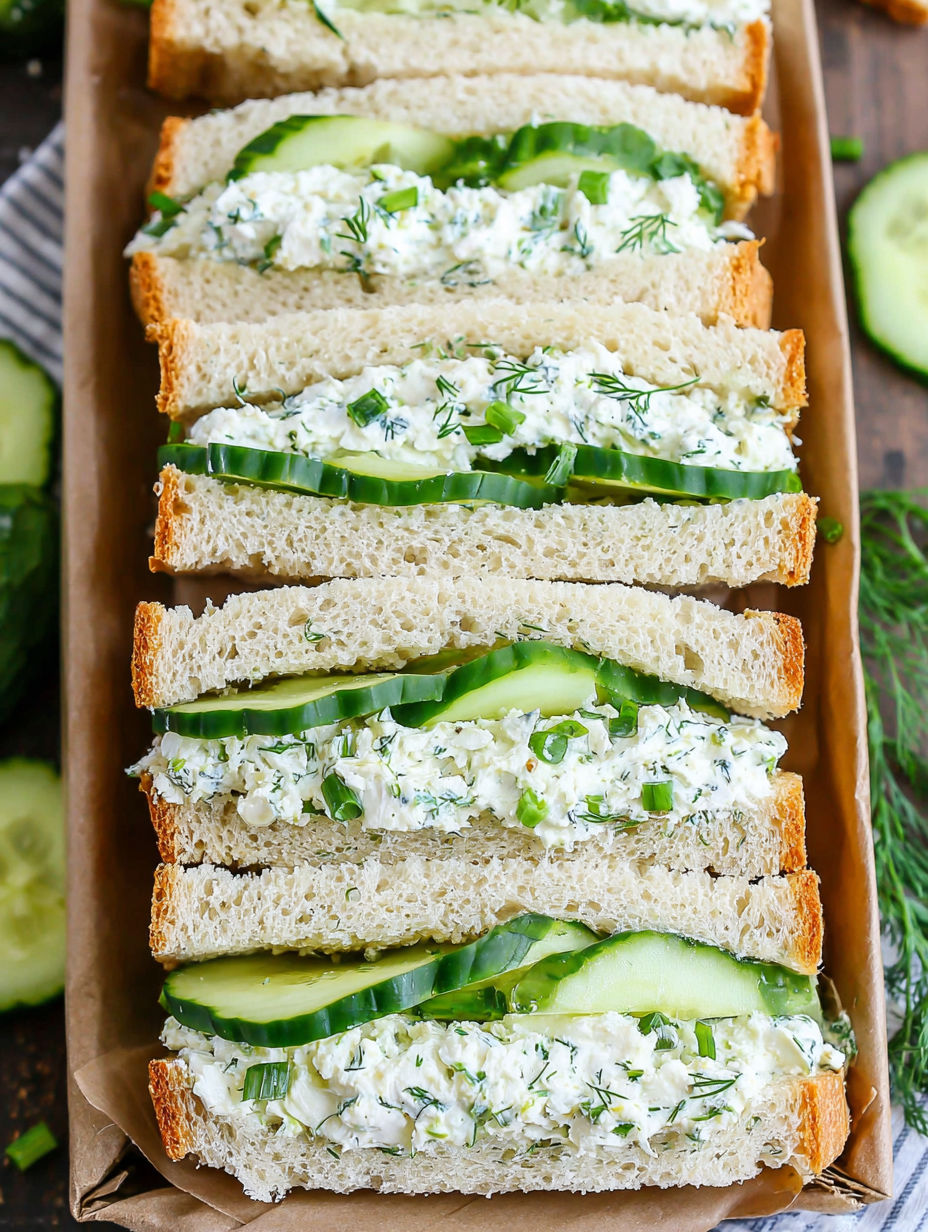 A sandwich with cucumber and cream cheese.