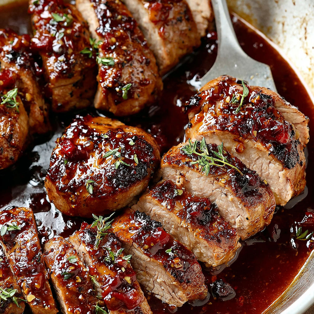 A pan of honey garlic pork tenderloin.
