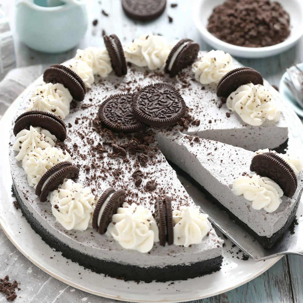 A slice of Oreo cheesecake on a plate.