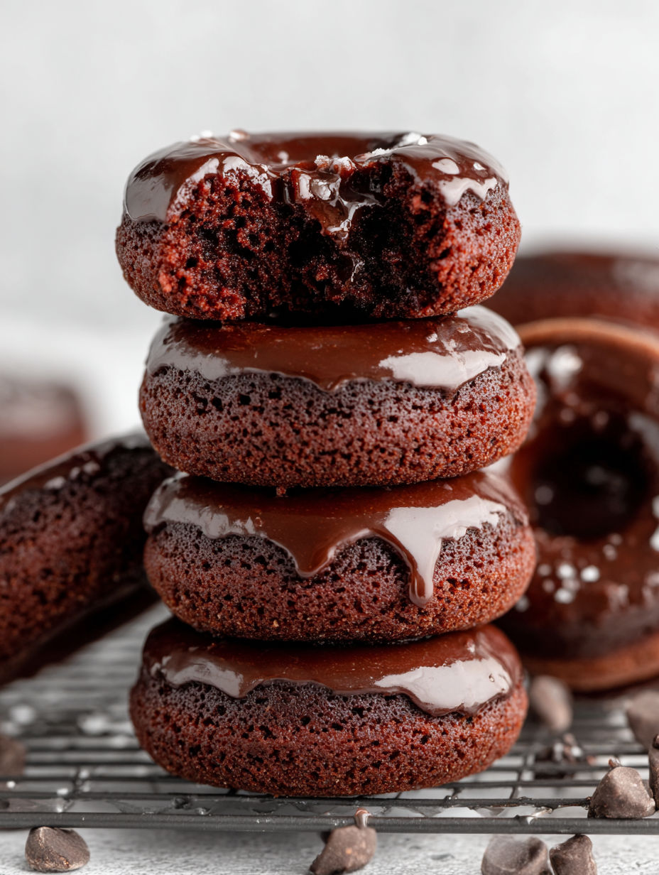 Chocolate donuts stacked on top of each other.