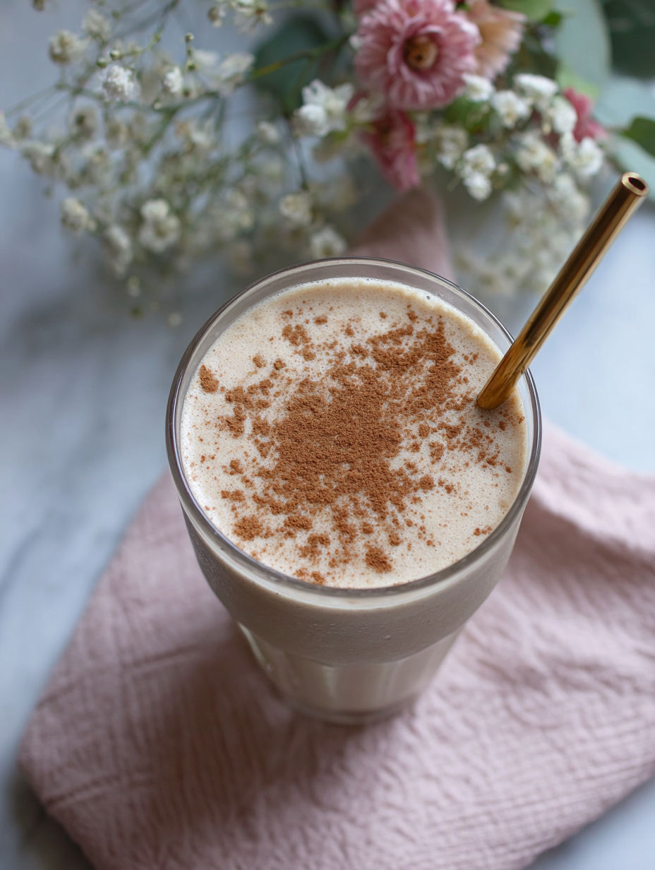 A glass of vanilla chai protein shake with cinnamon sprinkled on top.
