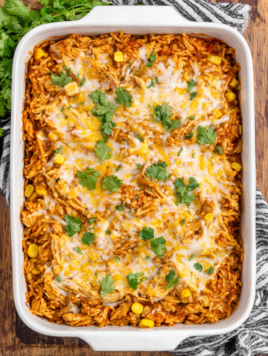 A dish of chicken and rice with a green garnish.