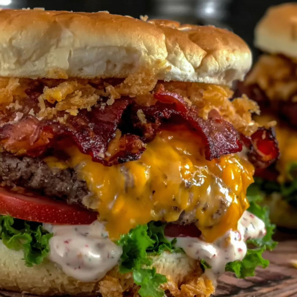 Close up of a bacon cheeseburger with lettuce and tomato.
