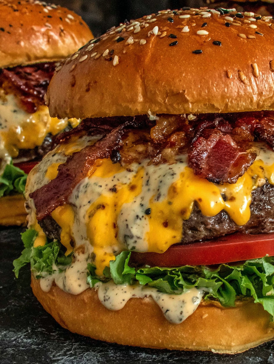 Close-up of a bacon cheeseburger with lettuce and cheese.