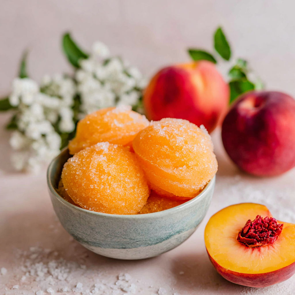 A dish of peach sorbet surrounded by peaches and foliage.