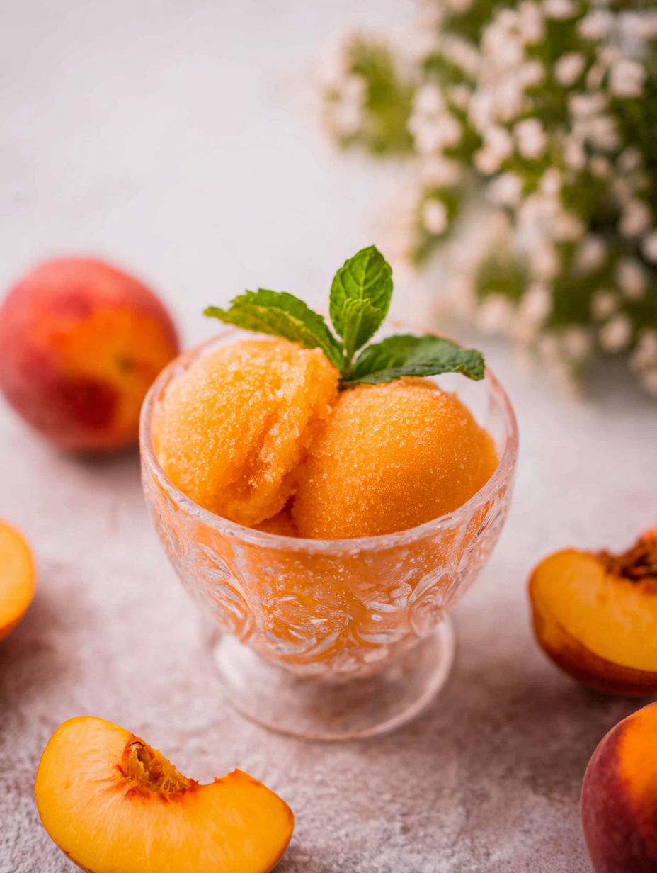 A glass of peach sorbet with a mint leaf on top.