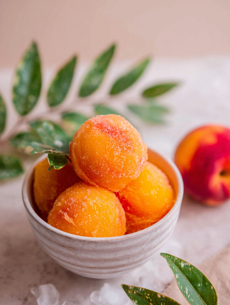 A bowl of peaches with a leaf on top.