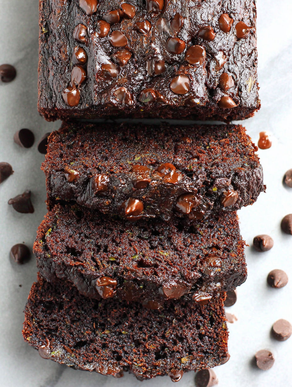 Three slices of chocolate zucchini bread.