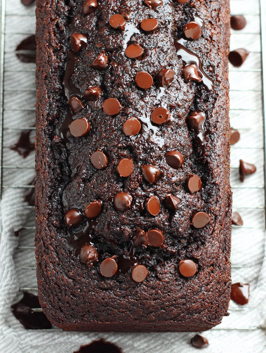 A chocolate zucchini bread with chocolate chips on top.