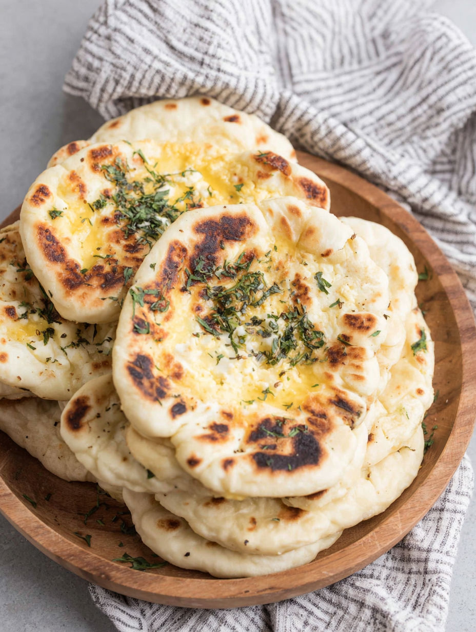 A stack of pita bread with cheese and herbs on top.